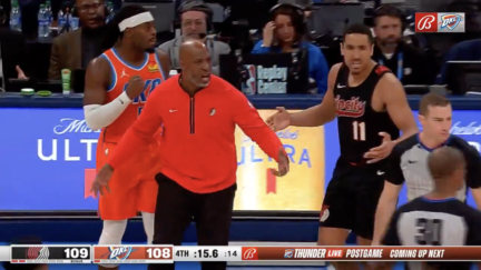 Trail Blazers coach Chauncey Billups argues call at the end of a game against the OKC Thunder